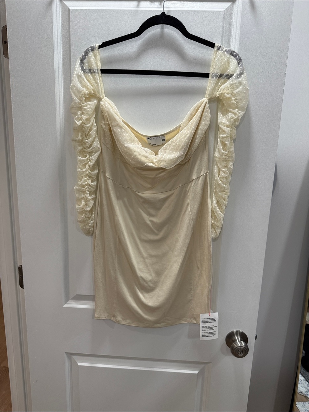 Sleeveless Ivory Drape Neck dress with Sheer Puff Sleeves